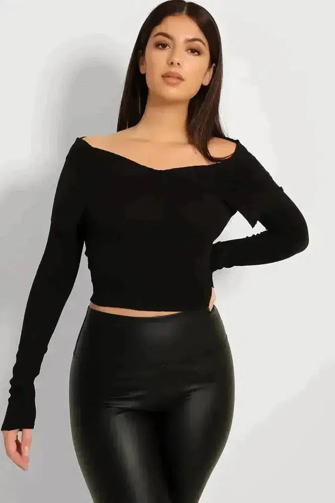 Off Shoulder Ribbed Jersey Cropped Top-SinglePrice