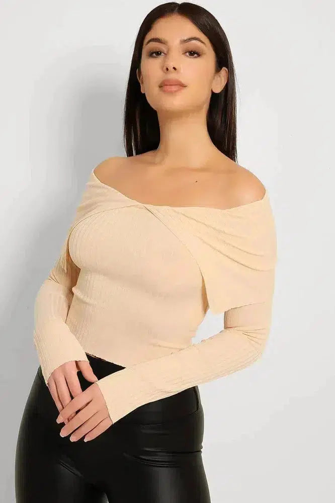 Off Shoulder Ribbed Jersey Cropped Top-SinglePrice