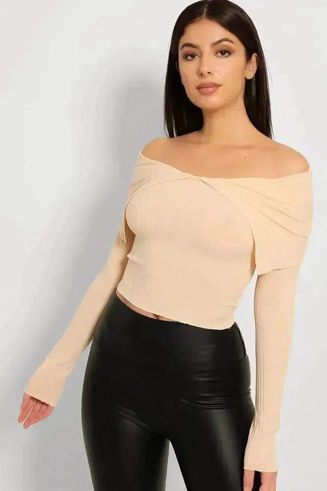Off Shoulder Ribbed Jersey Cropped Top-SinglePrice