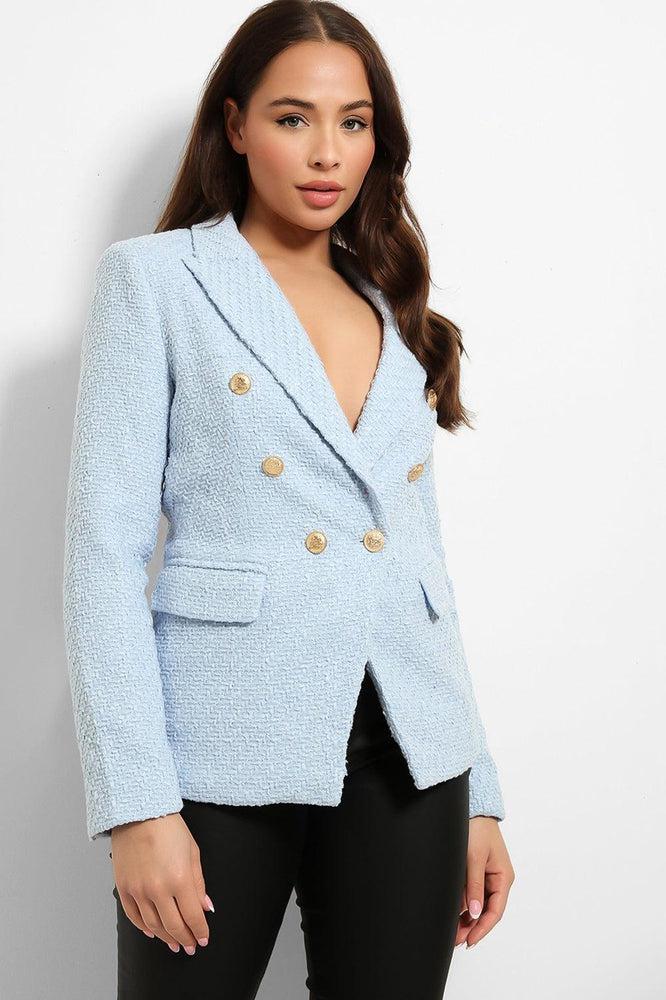 Gold Military Buttons Boucle Double Breasted Blazer-SinglePrice