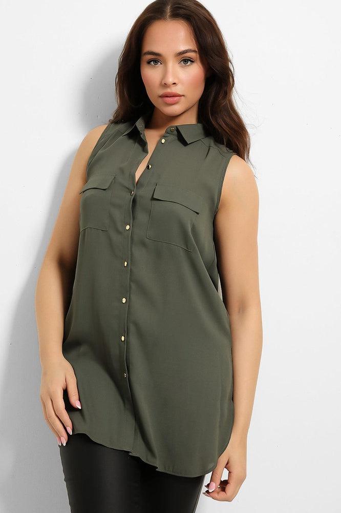 Gold Buttons Pockets Sleeveless Chiffon Shirt-SinglePrice