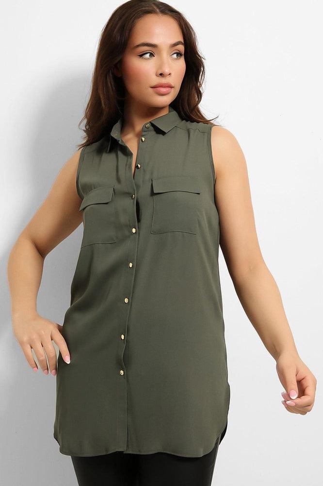 Gold Buttons Pockets Sleeveless Chiffon Shirt-SinglePrice