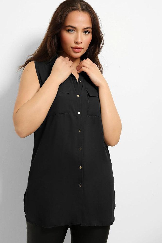 Gold Buttons Pockets Sleeveless Chiffon Shirt-SinglePrice