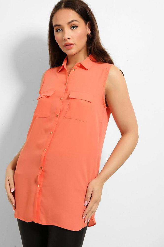 Gold Buttons Pockets Sleeveless Chiffon Shirt-SinglePrice