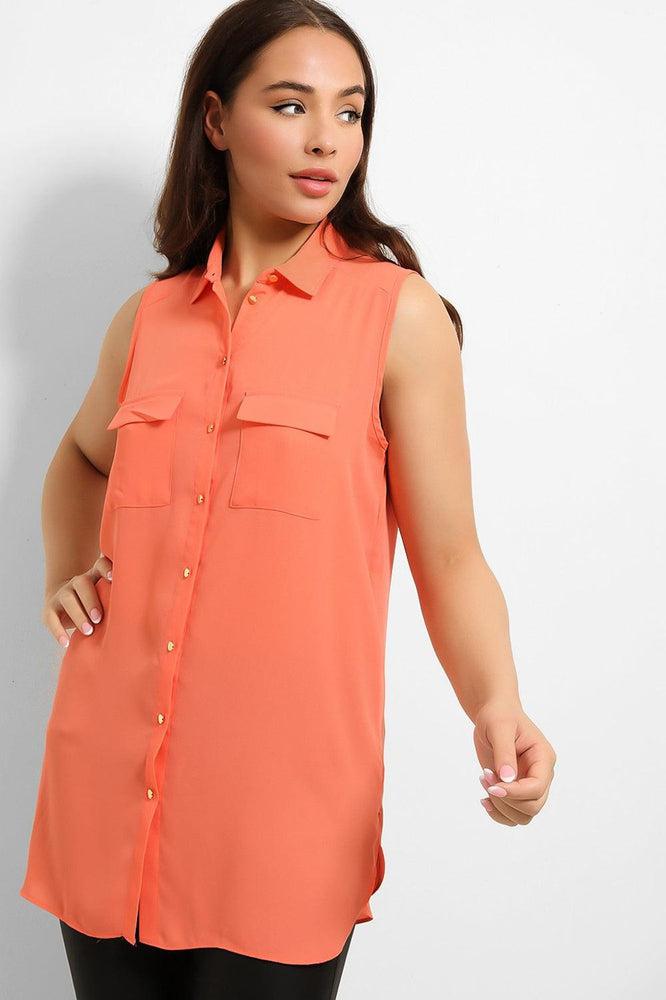 Gold Buttons Pockets Sleeveless Chiffon Shirt-SinglePrice