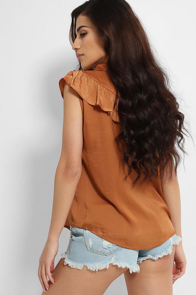 Crushed Satin Frill Details Sleeveless Shirt-SinglePrice