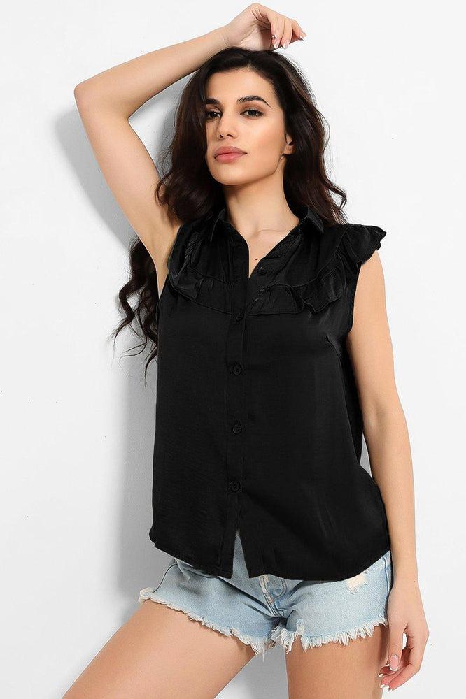 Crushed Satin Frill Details Sleeveless Shirt-SinglePrice