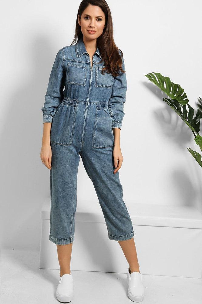 Cropped Leg Zipped Denim Jumpsuit-SinglePrice