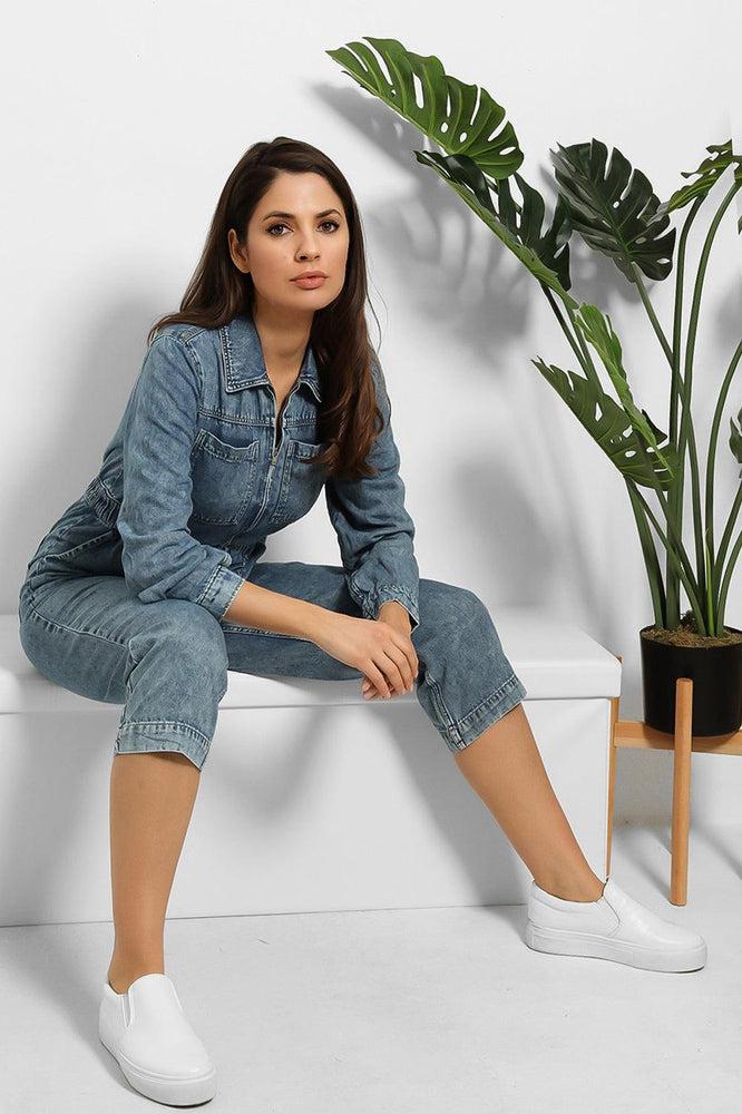 Cropped Leg Zipped Denim Jumpsuit-SinglePrice