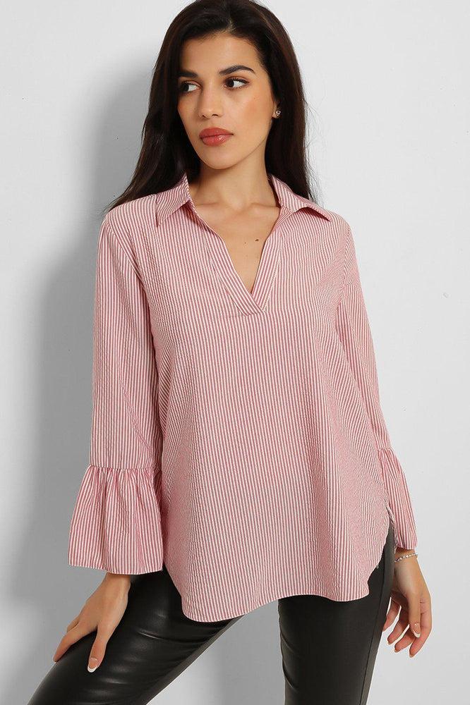 Pink Lurex Pinstripe Flute Sleeve Blouse-SinglePrice