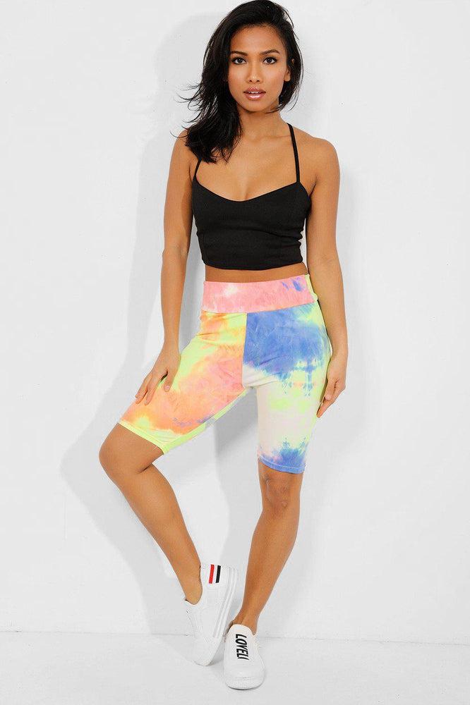 Neon Yellow Tie-Dye High Waisted Cycling Shorts-SinglePrice