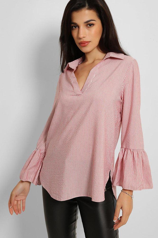 Pink Lurex Pinstripe Flute Sleeve Blouse-SinglePrice