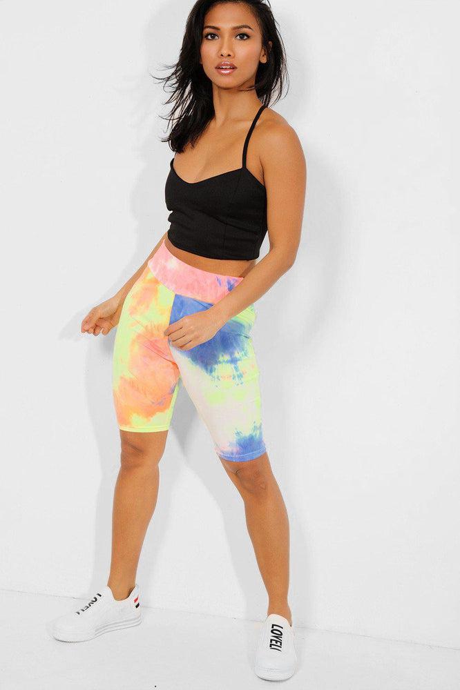 Neon Yellow Tie-Dye High Waisted Cycling Shorts-SinglePrice