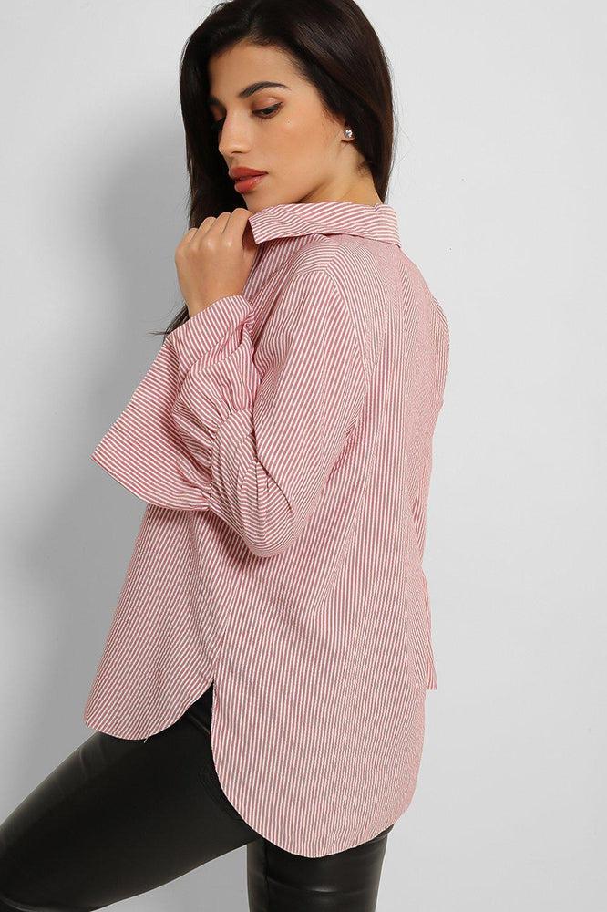 Pink Lurex Pinstripe Flute Sleeve Blouse-SinglePrice