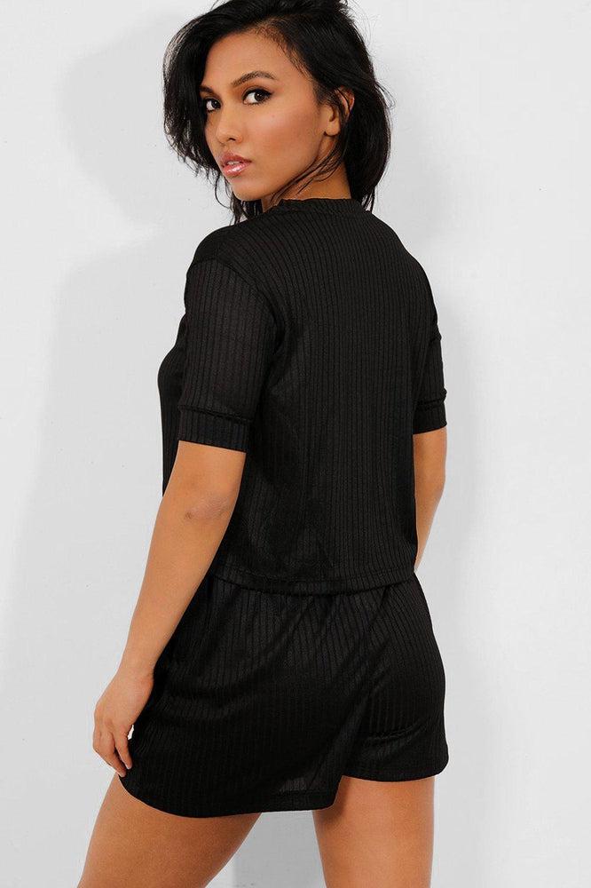 Black Ribbed Shorts And Tee Set-SinglePrice