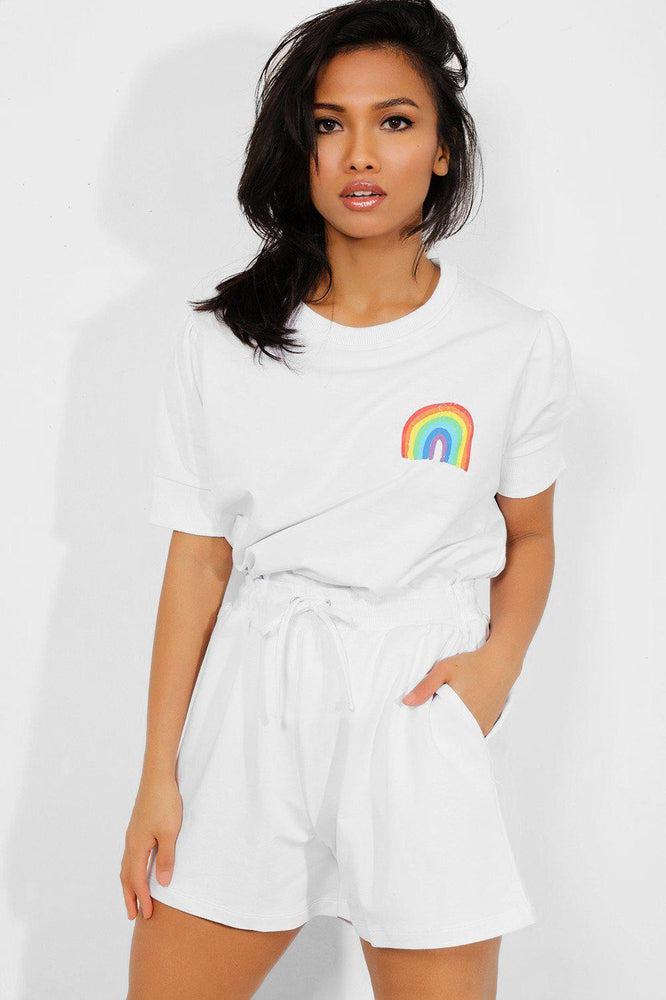 White Rainbow Print T-Shirt And Shorts Set-SinglePrice