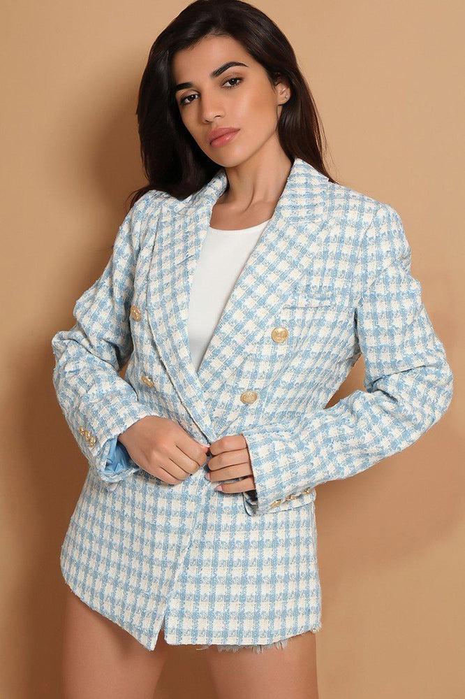 Blue Double Breasted Buckle Tweed Military Style Blazer-SinglePrice