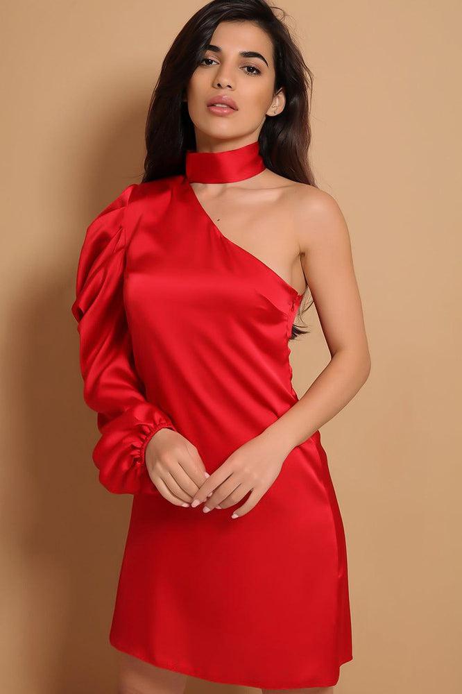 Red One Sleeve Chocker Neck Satin Dress-SinglePrice