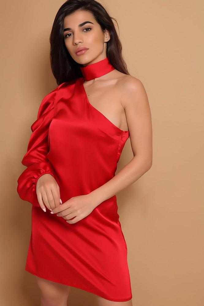 Red One Sleeve Chocker Neck Satin Dress-SinglePrice