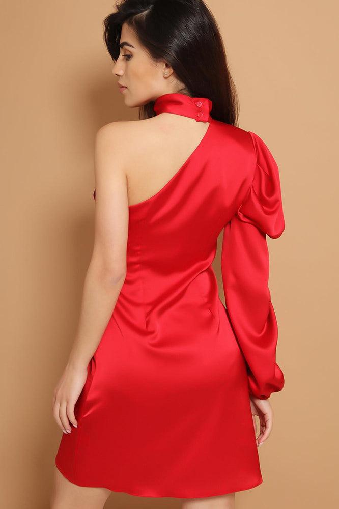 Red One Sleeve Chocker Neck Satin Dress-SinglePrice