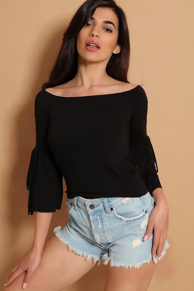 Black Tie Detail Bell Sleeves Top-SinglePrice