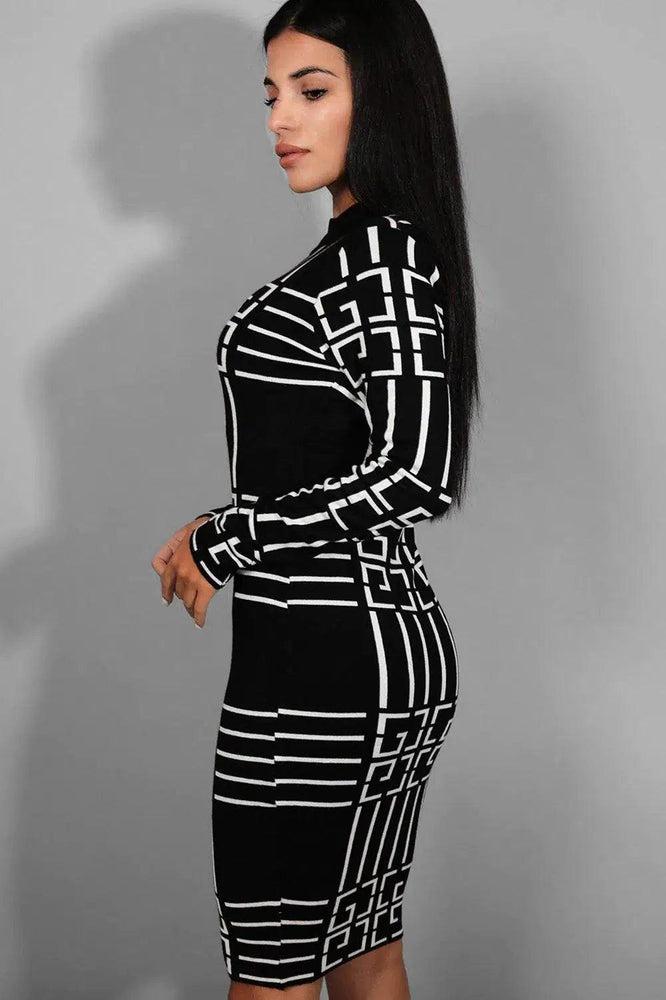 Black White Printed High Neck Flat Knit Midi Dress-SinglePrice