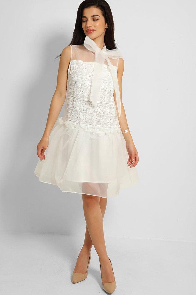 White Pussy Bow Organza Puff Dress-SinglePrice