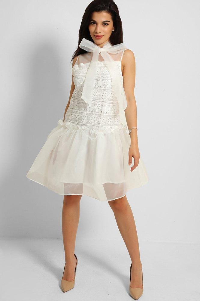 White Pussy Bow Organza Puff Dress-SinglePrice