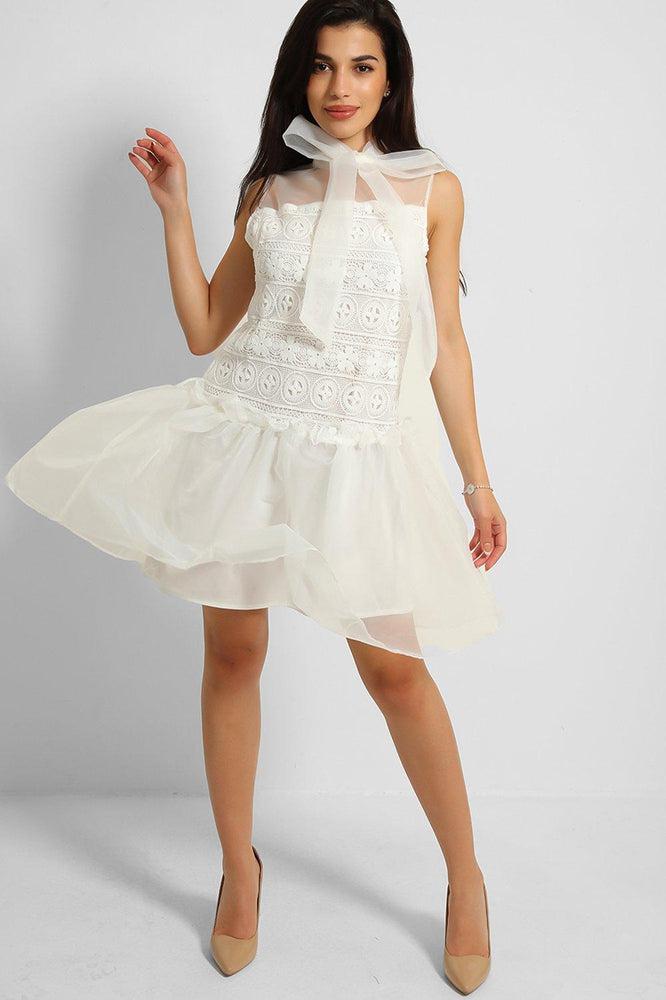 White Pussy Bow Organza Puff Dress-SinglePrice