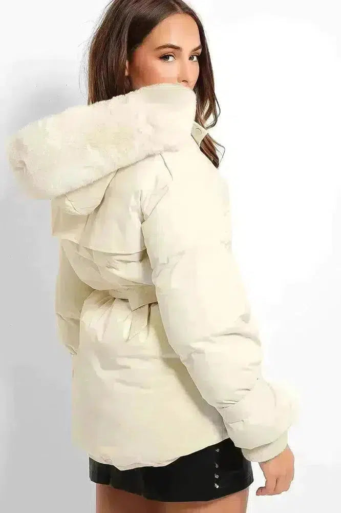 Cream Self-Tie Faux Fur Hood Puffer Jacket-SinglePrice