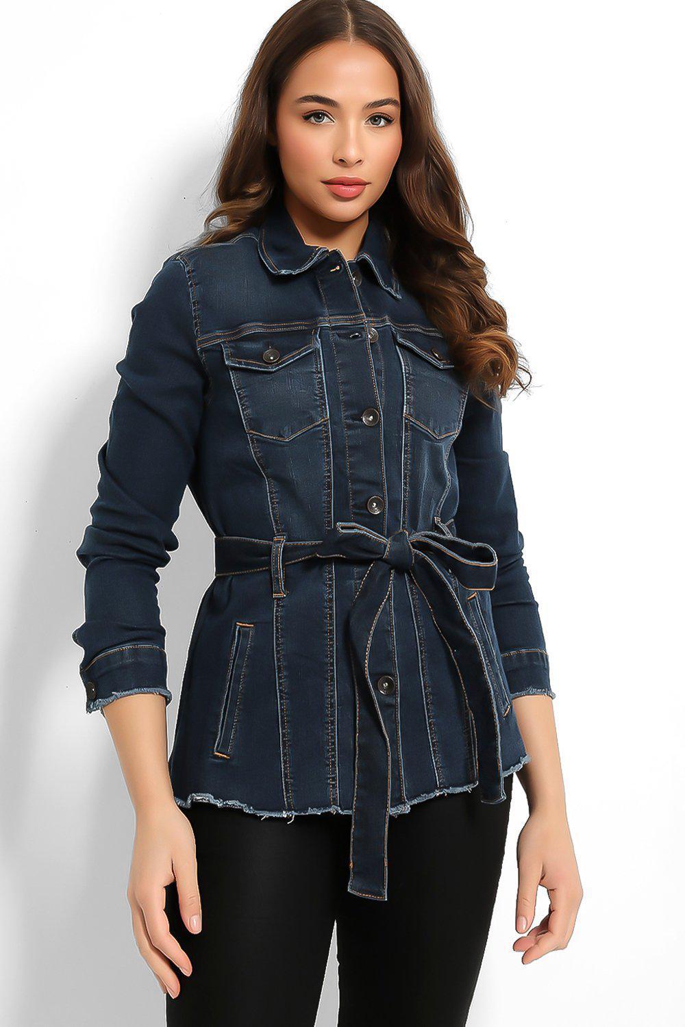 Navy Waist Tie Raw Finish Denim Jacket-SinglePrice