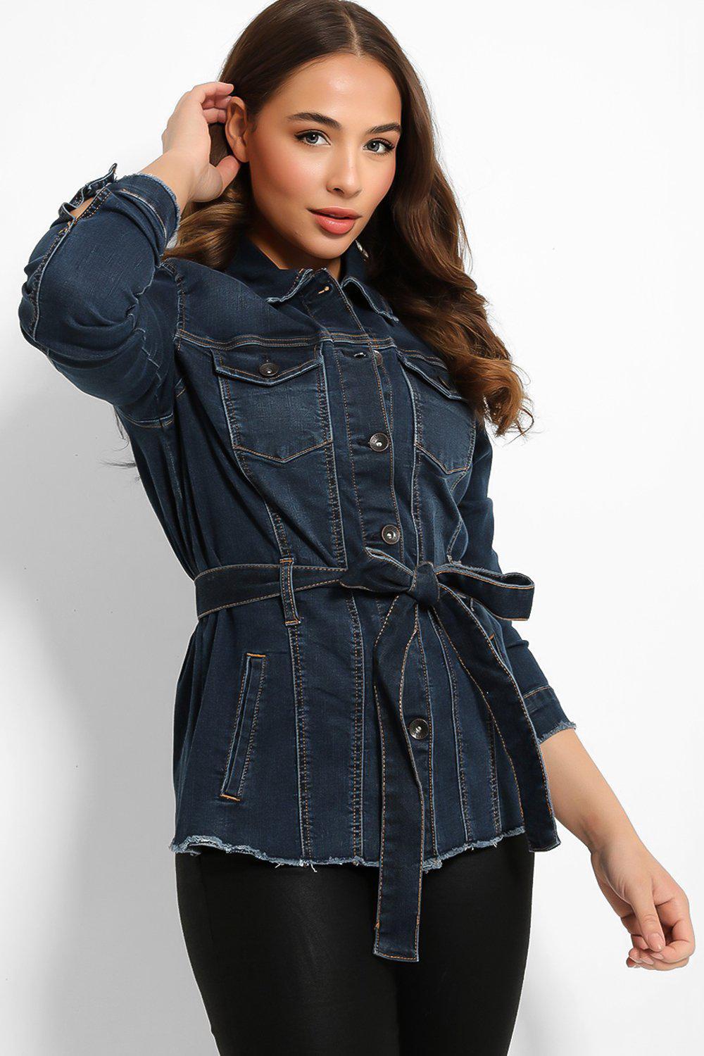 Navy Waist Tie Raw Finish Denim Jacket-SinglePrice