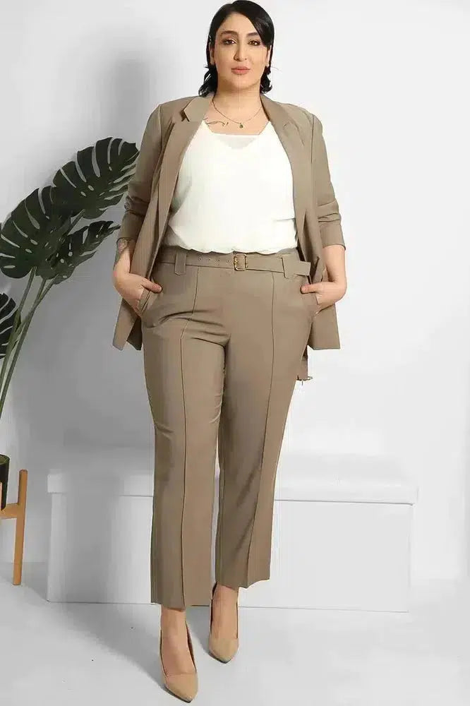 Cropped Trousers And Fitted Belted Blazer Suit-SinglePrice