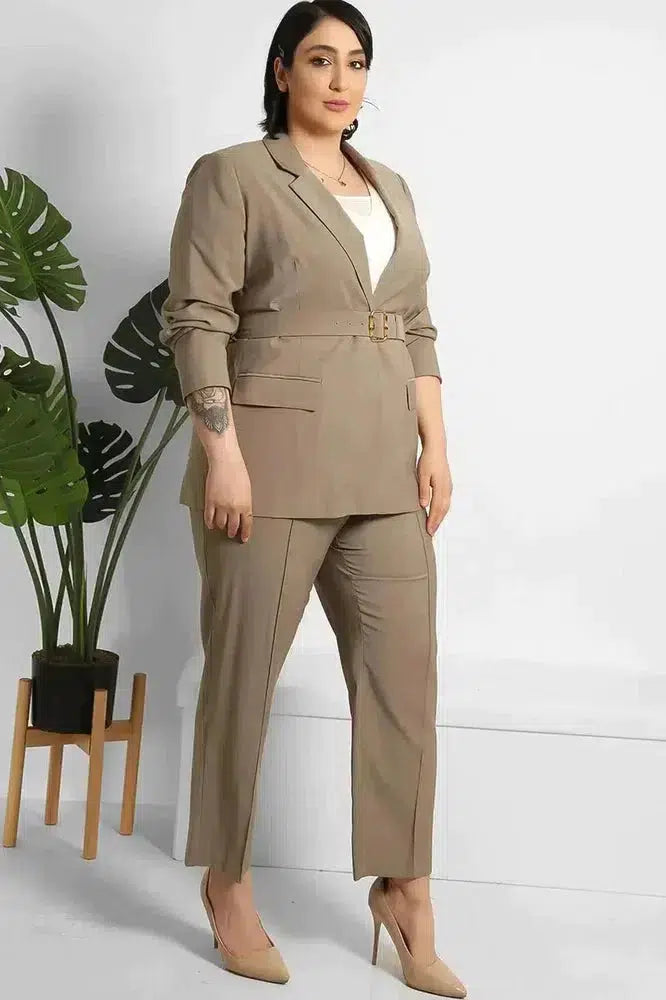 Cropped Trousers And Fitted Belted Blazer Suit-SinglePrice