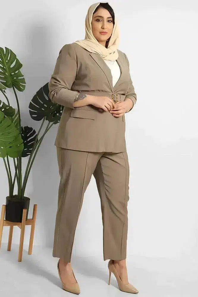 Cropped Trousers And Fitted Belted Blazer Suit-SinglePrice