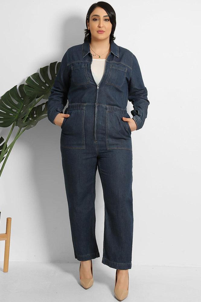 Cropped Leg Zipped Denim Jumpsuit-SinglePrice