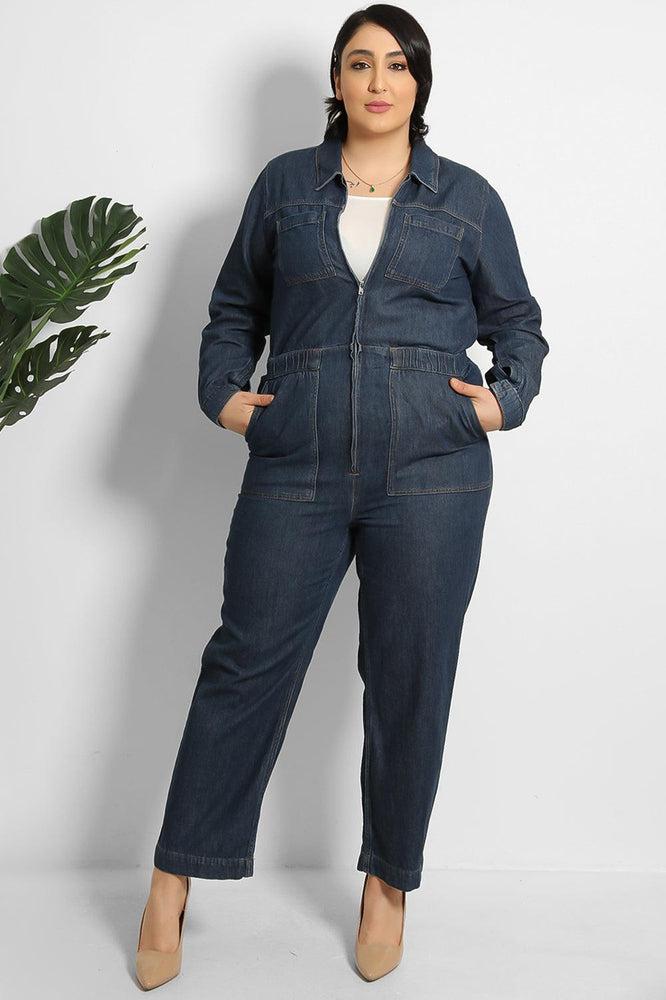 Cropped Leg Zipped Denim Jumpsuit-SinglePrice