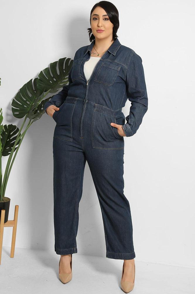 Cropped Leg Zipped Denim Jumpsuit-SinglePrice