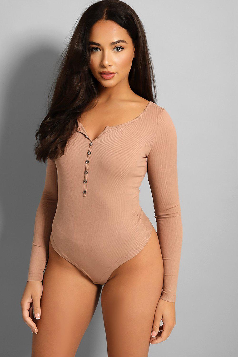 Taupe Faux Button Detail Ribbed Bodysuit-SinglePrice