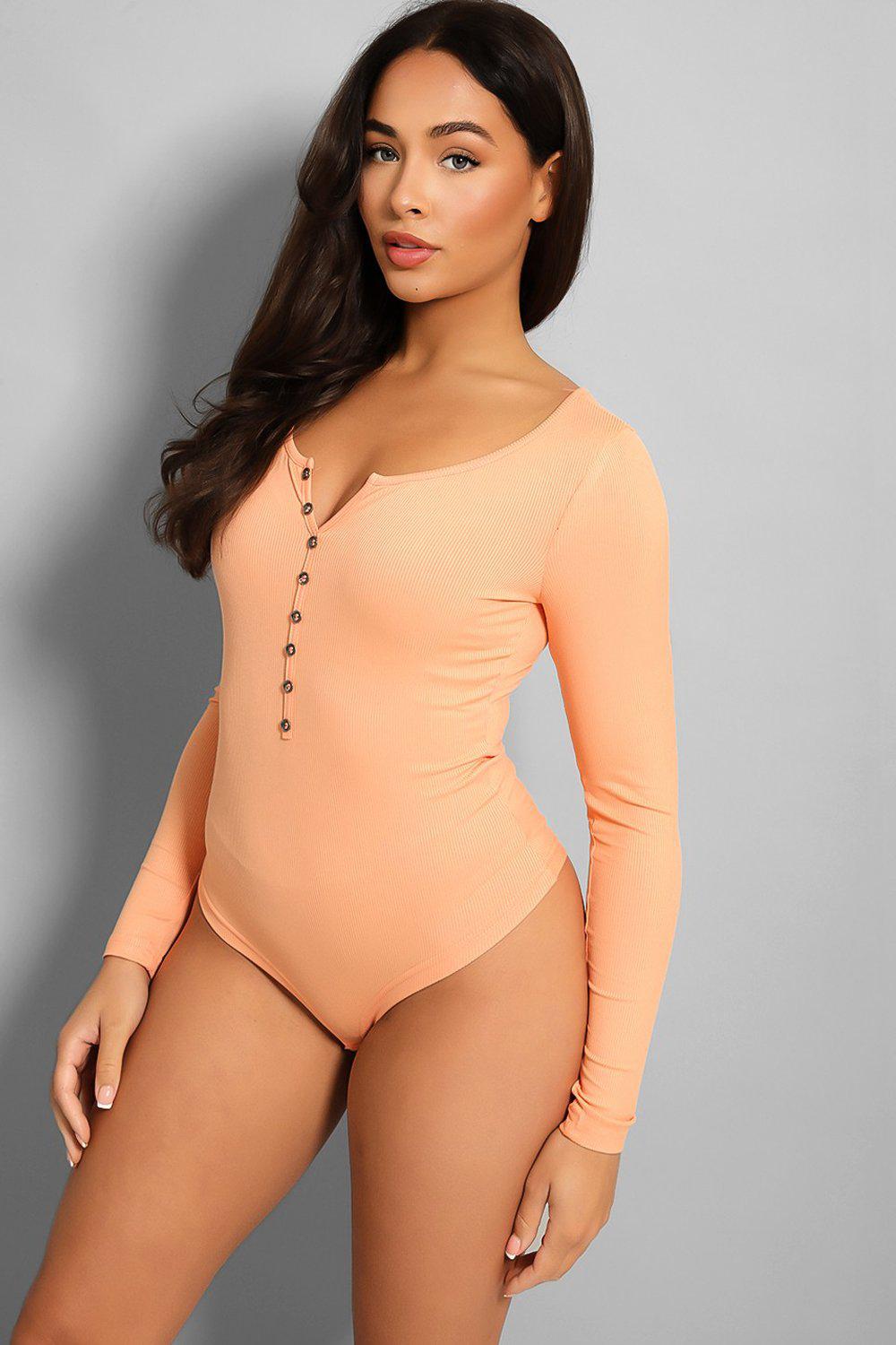 Peach Faux Button Detail Ribbed Bodysuit-SinglePrice