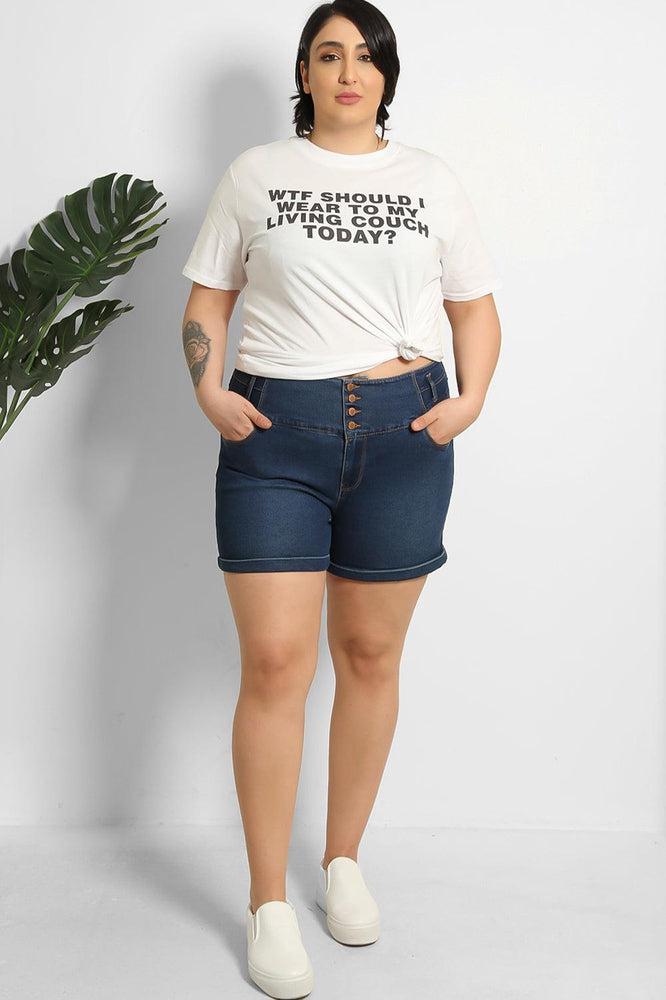 Buttoned Front Wide Waistband Denim Hotpants-SinglePrice