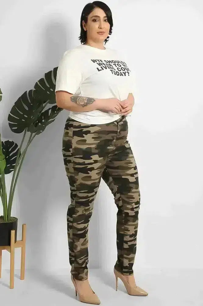 Camouflage Slash Knee Plain Front High Waist Jeans-SinglePrice