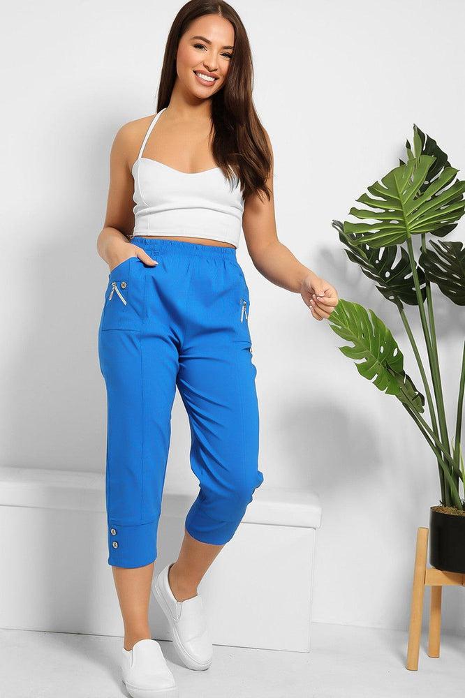 Buttoned Cuffs Elastic Waist Cropped Cargo Trousers-SinglePrice