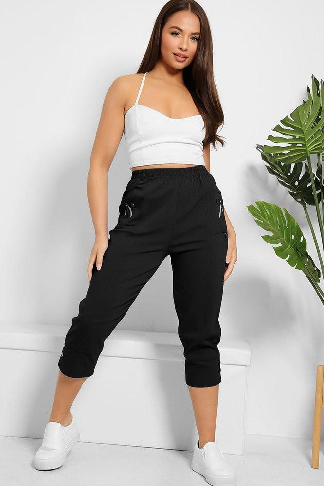 Buttoned Cuffs Elastic Waist Cropped Cargo Trousers-SinglePrice