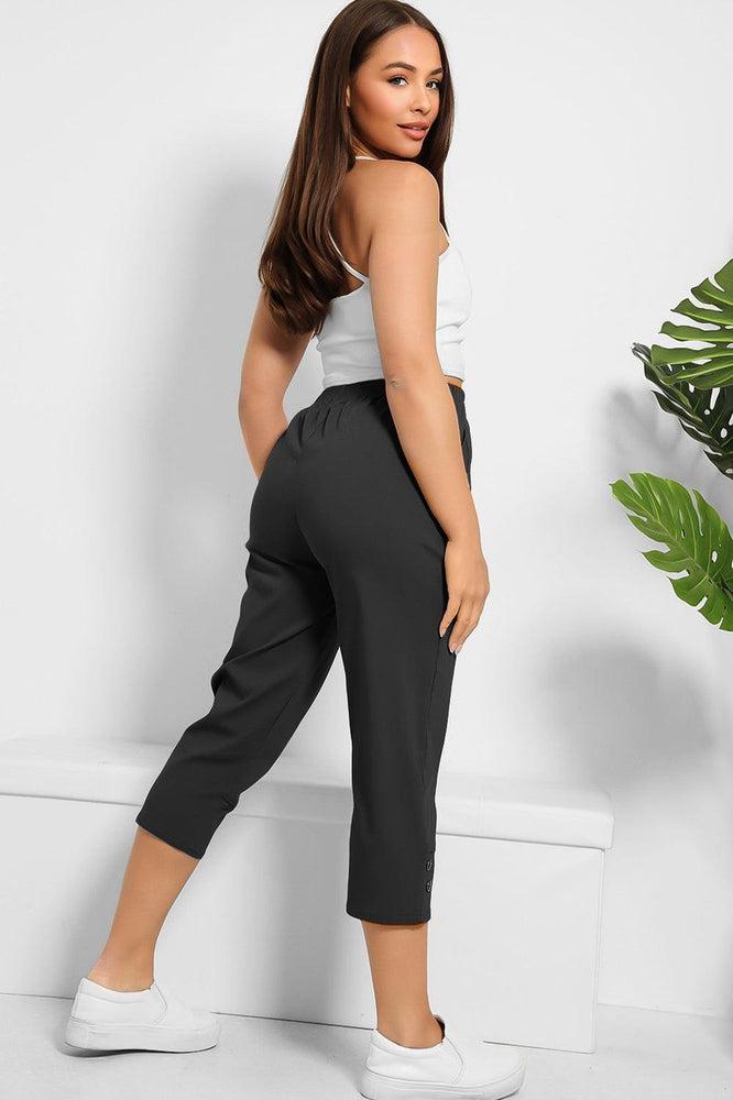 Buttoned Cuffs Elastic Waist Cropped Cargo Trousers-SinglePrice