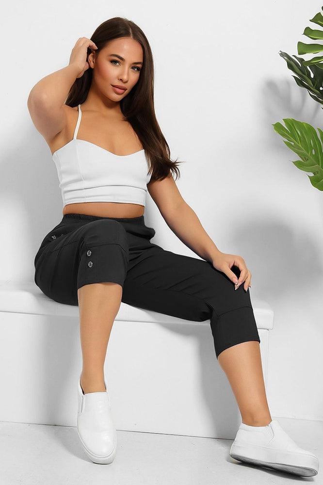 Buttoned Cuffs Elastic Waist Cropped Cargo Trousers-SinglePrice