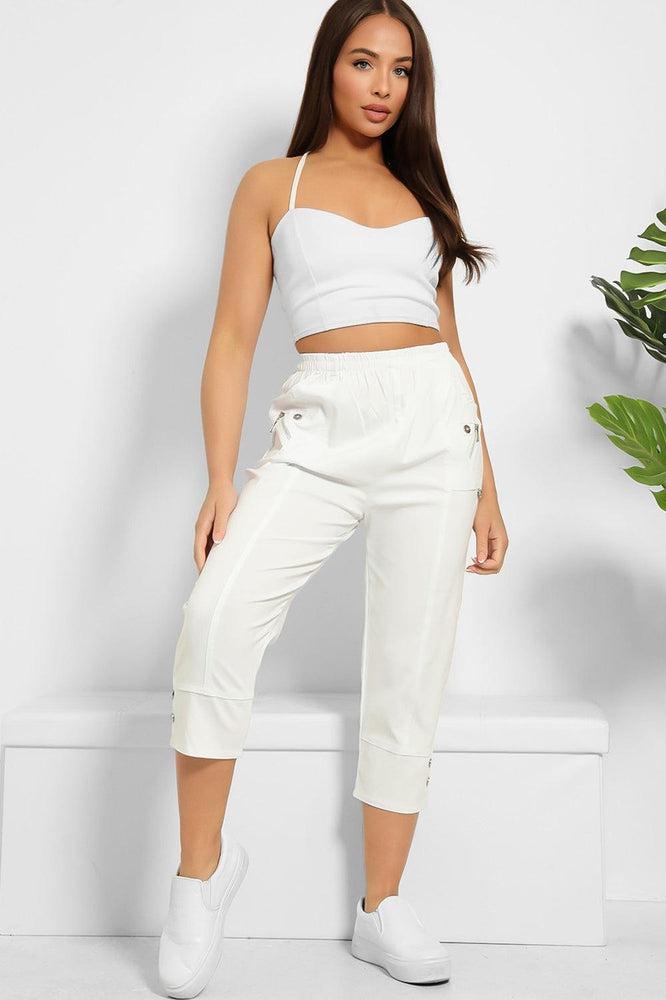 Buttoned Cuffs Elastic Waist Cropped Cargo Trousers-SinglePrice