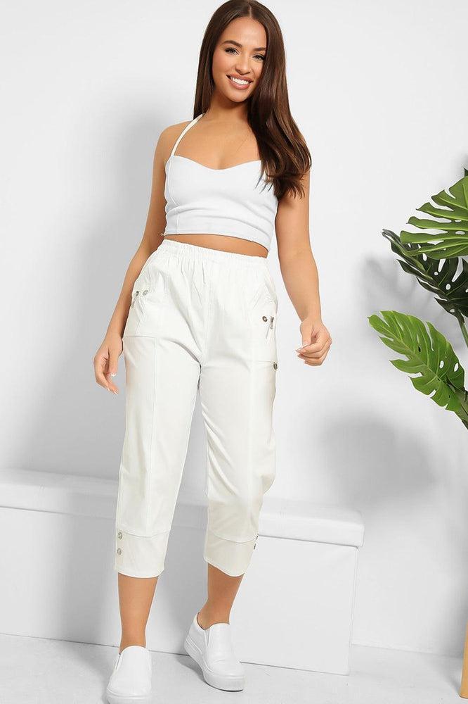 Buttoned Cuffs Elastic Waist Cropped Cargo Trousers-SinglePrice