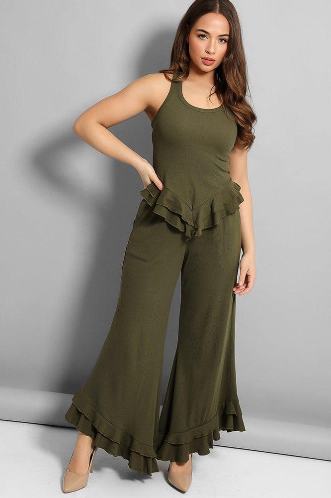 Khaki Frilled Wide Leg Lounge Set-SinglePrice