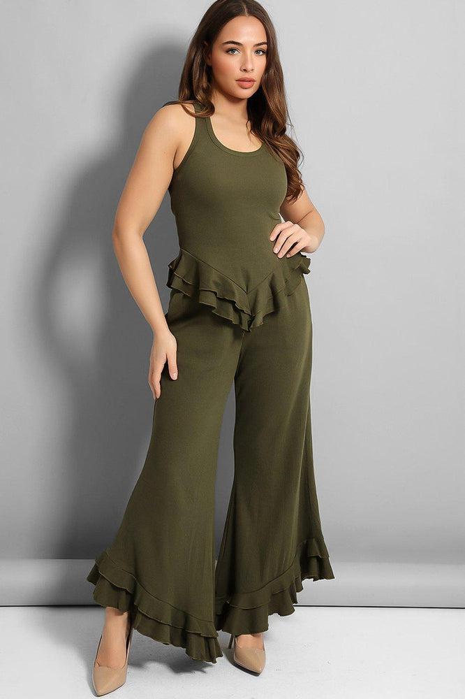 Khaki Frilled Wide Leg Lounge Set-SinglePrice